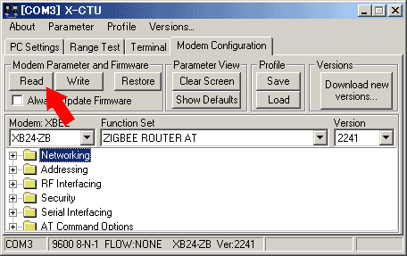 X-CTU画面1 COMポート選択